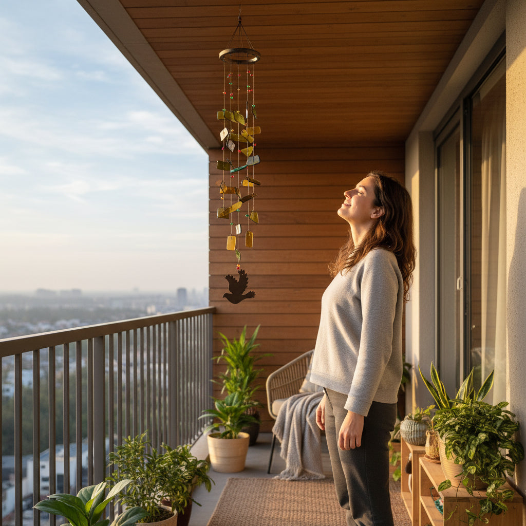 All upcycled windchime hanging in balcony 