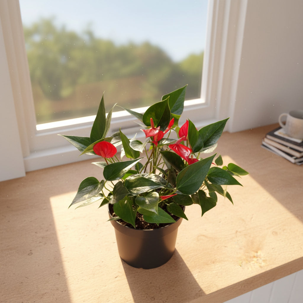 Anthurium Deco Red flower showing glossy red heart-shaped spathe and green foliage-mybageecha