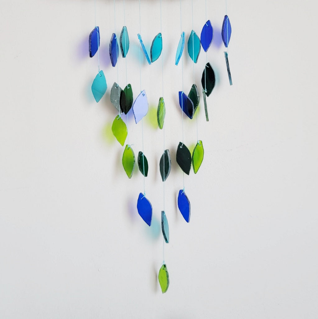 Blue Green Leaf Pyramid Stained Glass Windchime in white background