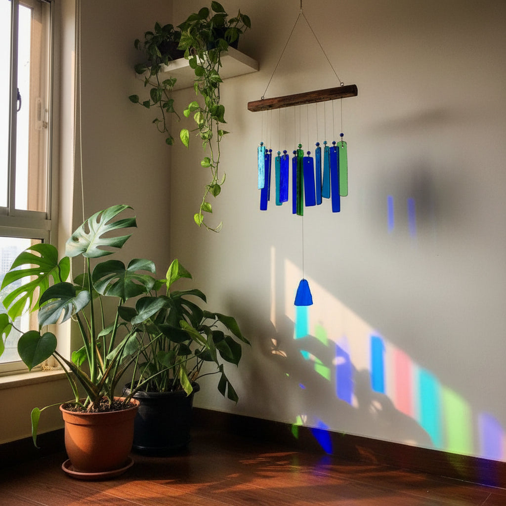 Blue and Green Stained Glass Windchime hanged in corner with plants - myBageecha
