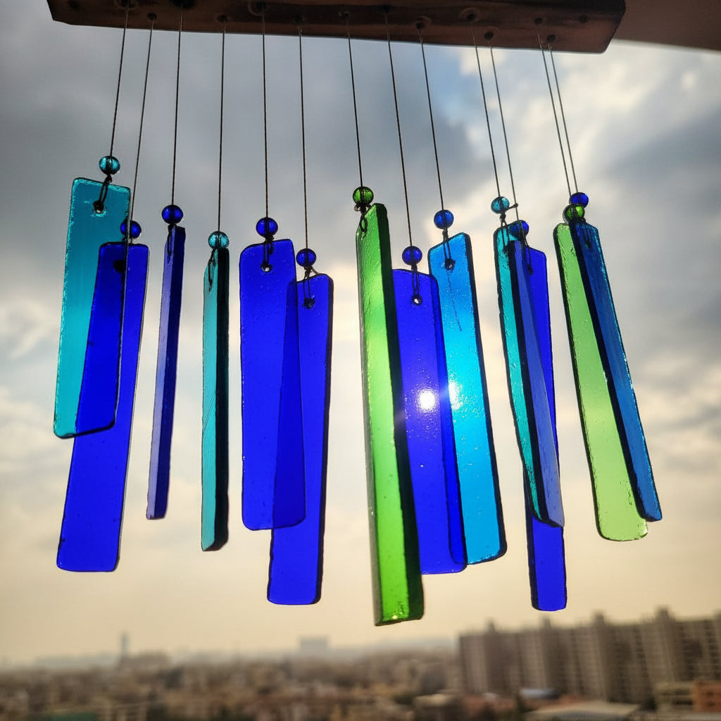 Blue and Green Stained Glass Windchime hanging in balcony 