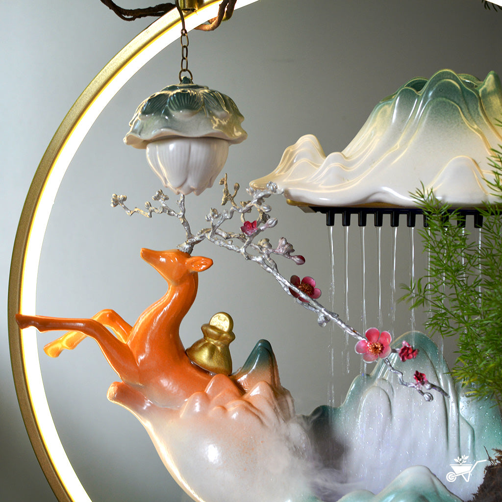 Celestial Ascent Water Fountain LED Decor Zen Garden – angled shot showing LED reflection