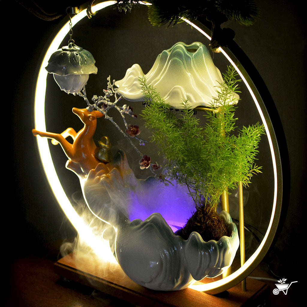 Celestial Ascent Water Fountain LED Decor Zen Garden – angled shot showing LED reflection