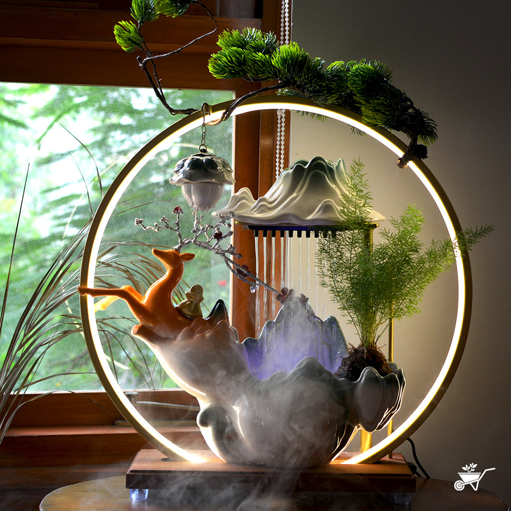 Celestial Ascent Water Fountain LED Decor Zen Garden – front view of glowing water and mist