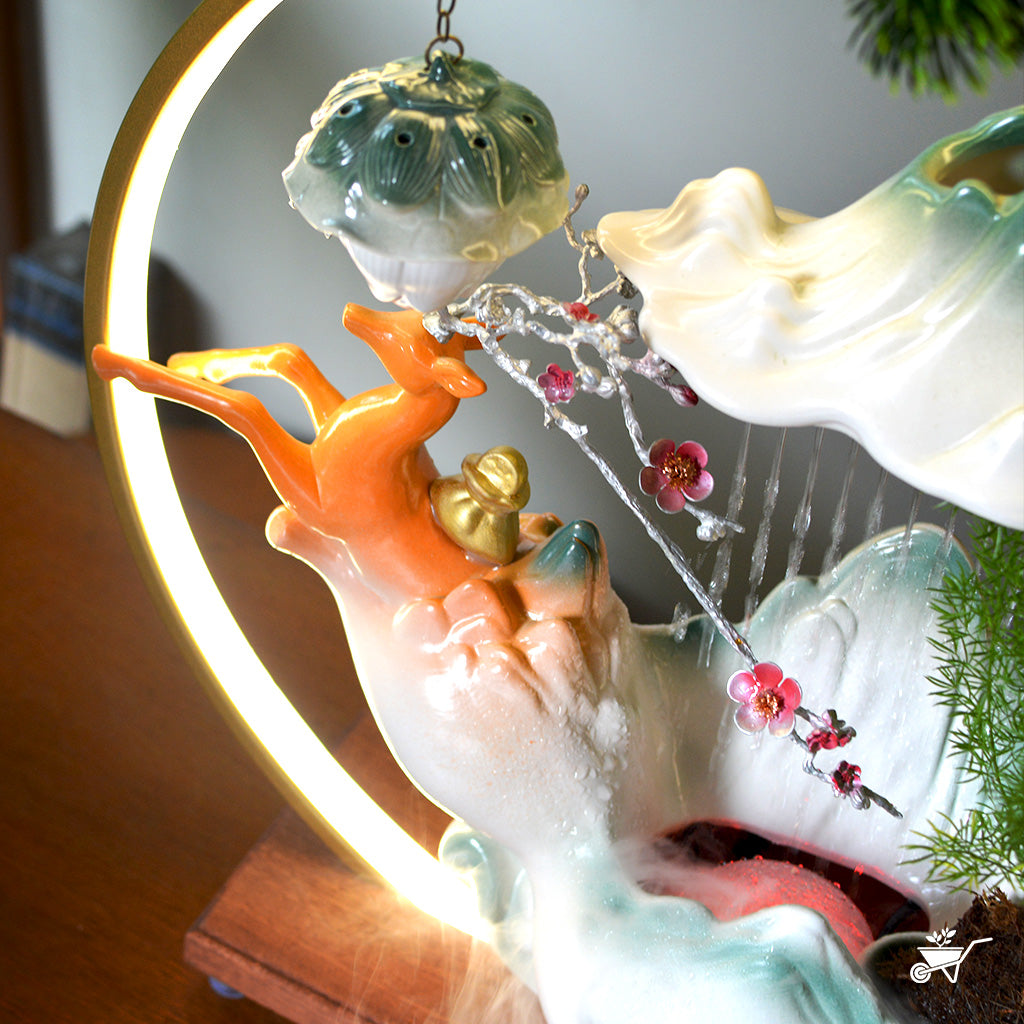 Celestial Ascent Water Fountain LED Decor Zen Garden – angled shot showing LED reflection