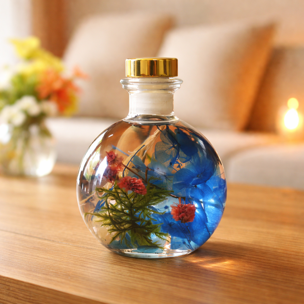 Close-up of Coastal Zephyr Preserved Flower Tabletop by myBageecha – ocean breeze blue preserved blooms. Made with real preserved natural flowers in glass bottle