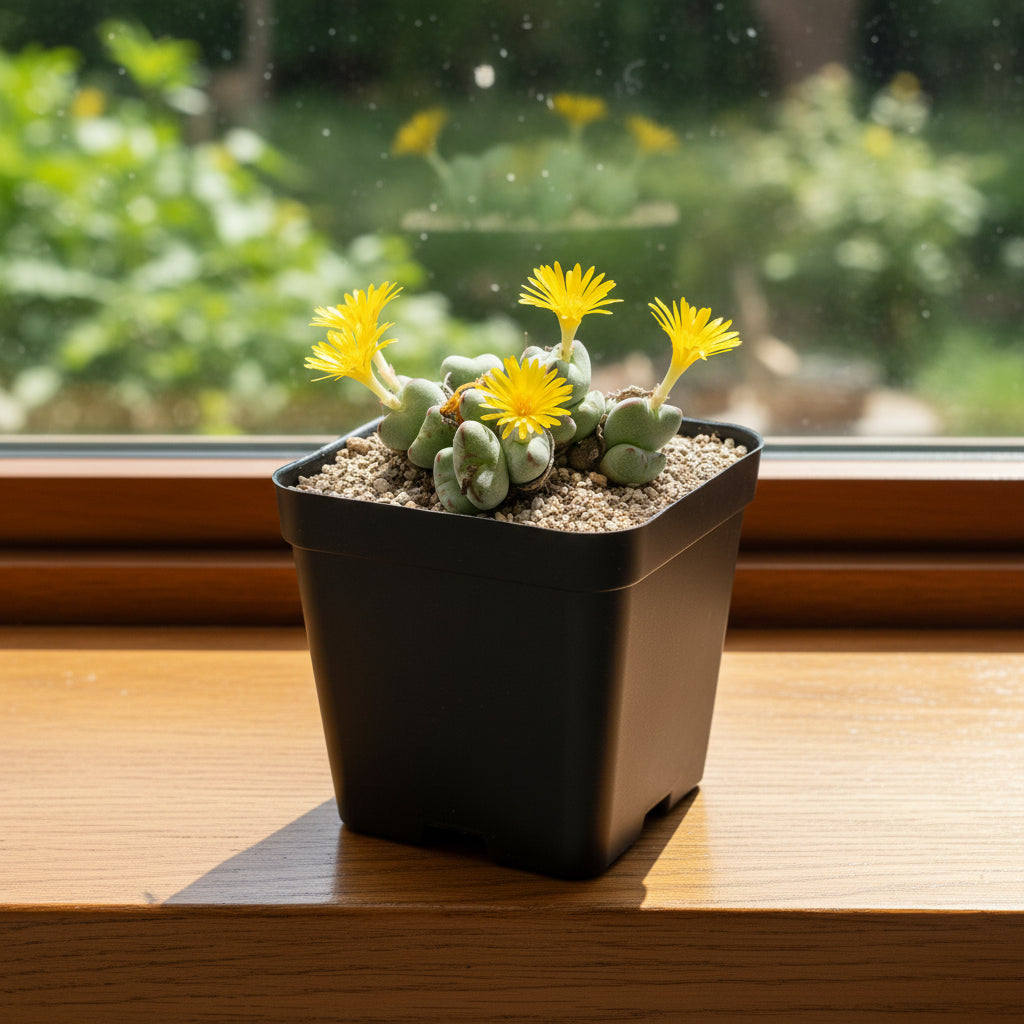 Conophytum flavum blooming at window sil -myBageecha