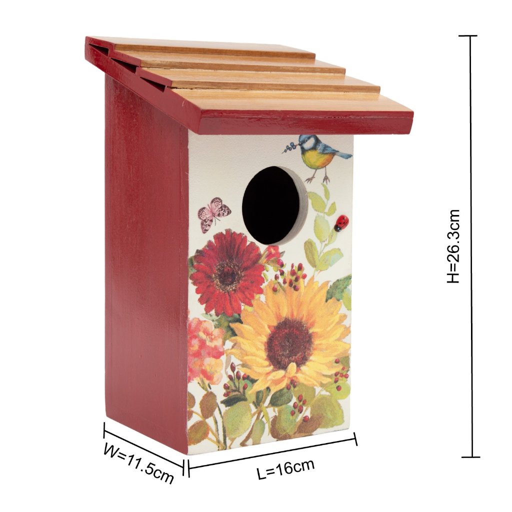 Teak Roof Bird House with Floral Meadows Decor