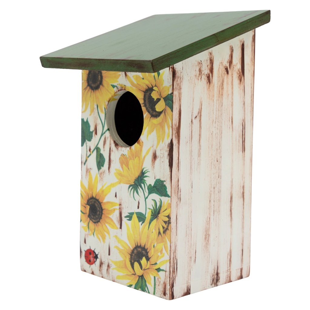 Hand Crafted Solid Wood Bird House With Sunflowers Decor