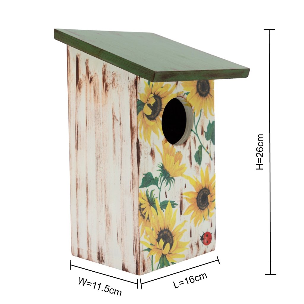 Hand Crafted Solid Wood Bird House With Sunflowers Decor