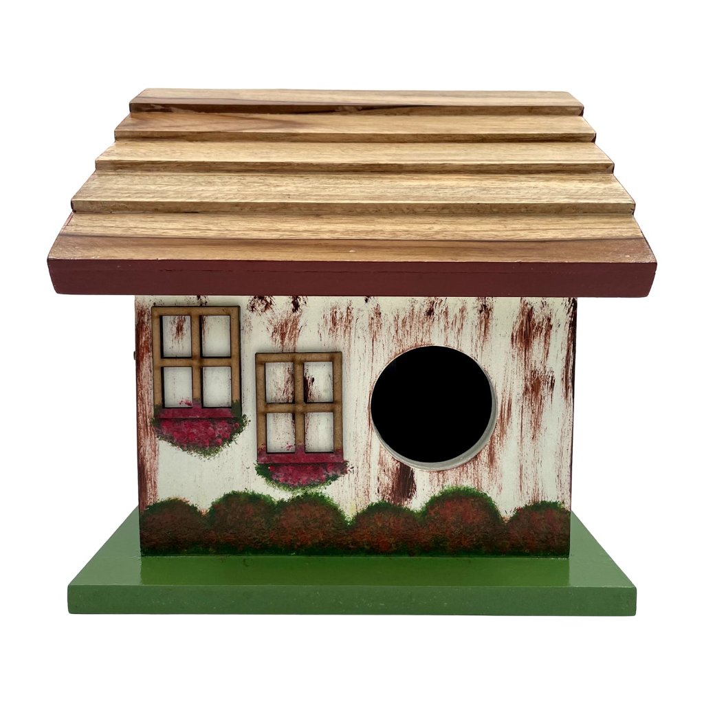 Hand Painted Slanting Teak Roof Bird House Decor