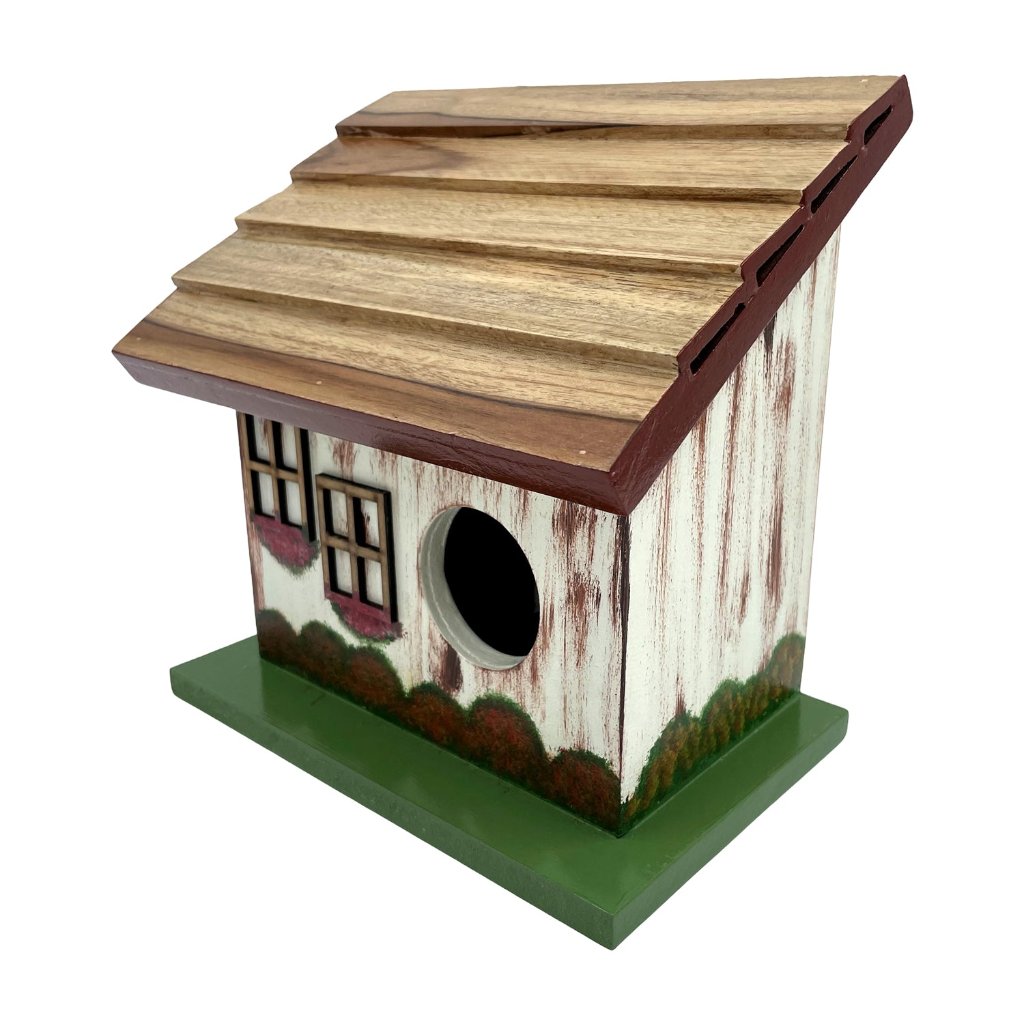 Hand Painted Slanting Teak Roof Bird House Decor