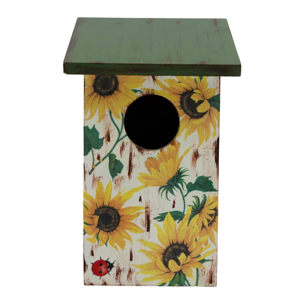 Hand Crafted Solid Wood Bird House With Sunflowers Decor