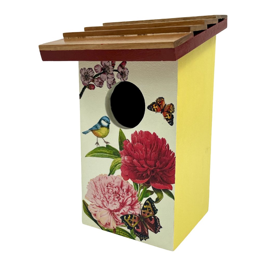 Yellow Floral Teak Roof Bird House Decor