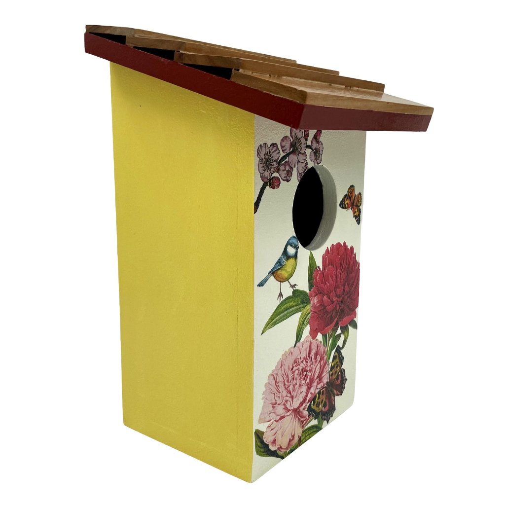 Yellow Floral Teak Roof Bird House Decor