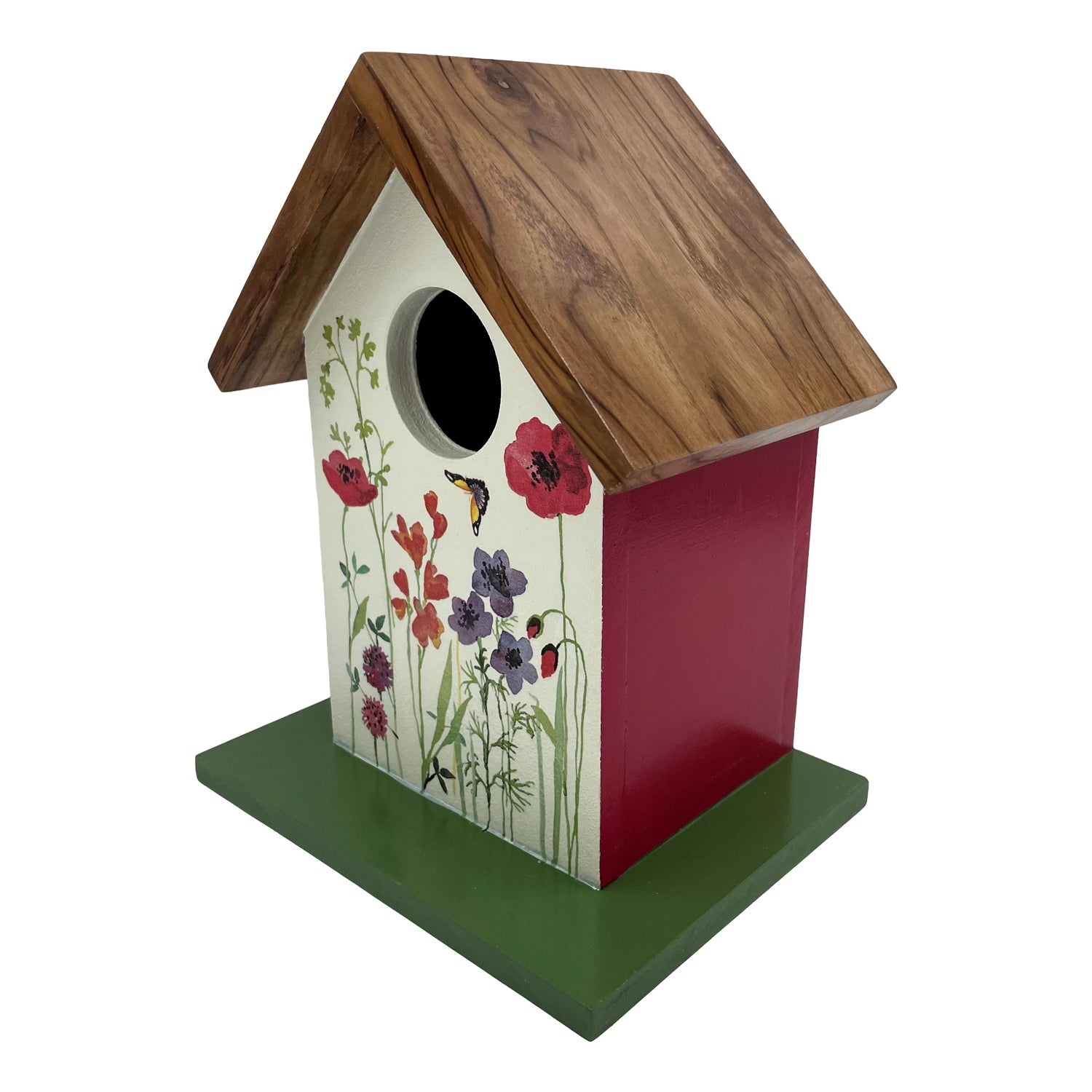 Teak Roof Bird House with Meadows Decor