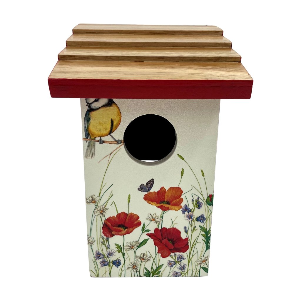 Teak Roof Bird House with Poppies Decor