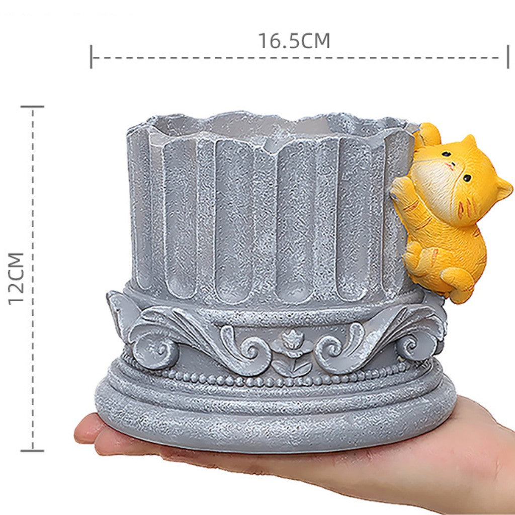 Image showing dimensions of Cute Cat Climbing Up the Pillar Resin Succulent Pot