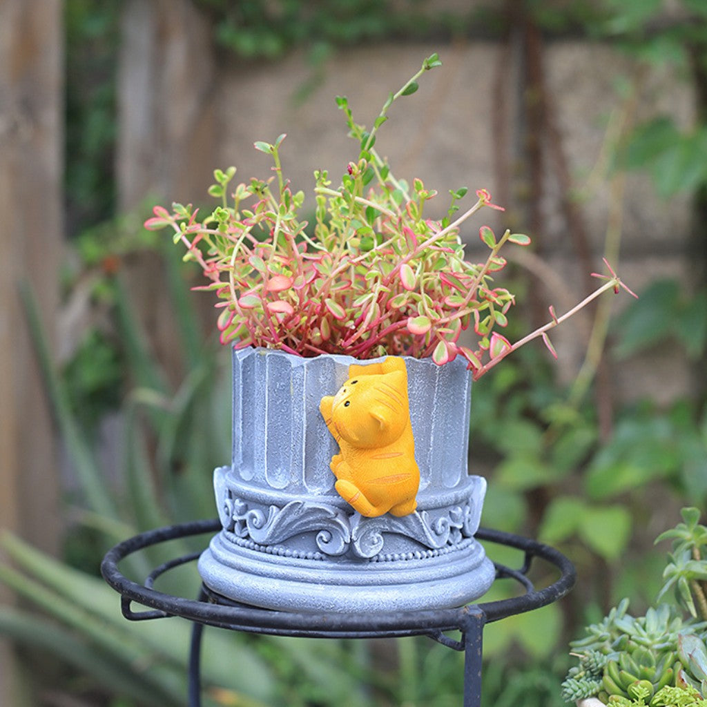 Cute Cat Climbing Up the Pillar Resin Succulent Pot-myBageecha