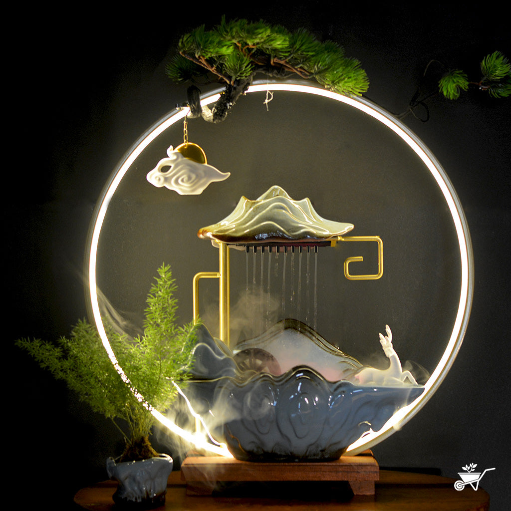 Emerald Whispers Water Fountain LED Decor Zen Garden – tabletop fountain decor with natural tone