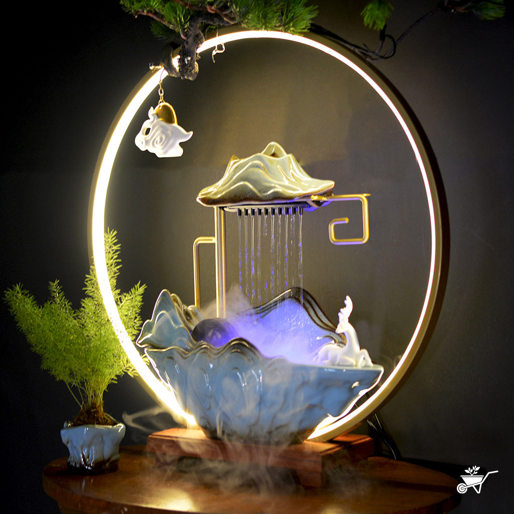 Emerald Whispers Water Fountain LED Decor Zen Garden – angled shot showing water movement