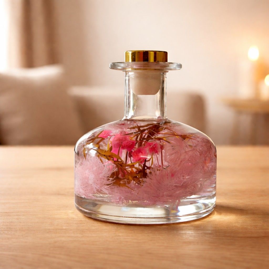 Close-up of Evening Primrose Preserved Flower Tabletop by myBageecha – soft pink preserved blooms in round bottle.