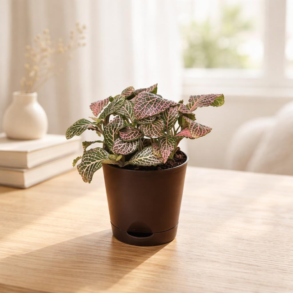 Fittonia Mini Pink Plant foliage self watering pot front view – myBageecha
