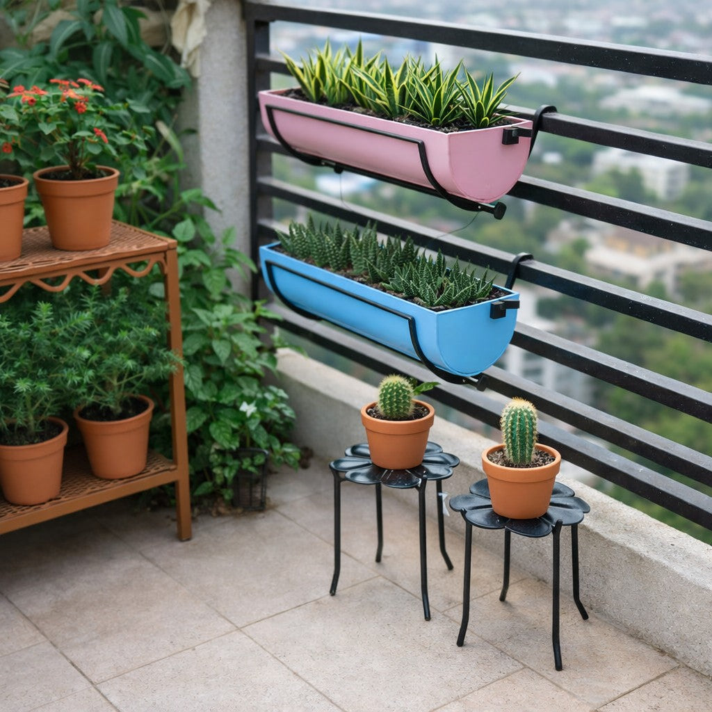 Set of 2 Wrought Iron Floral Plant Stands placed in balcony with cactus plants
