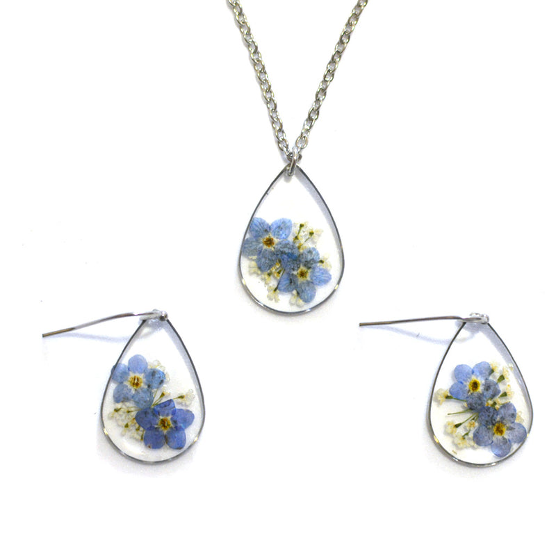Forget Me Not Real Dried Flower Necklace Set / Earring