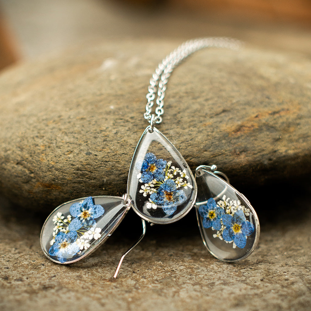 Forget Me Not Real Dried Flower Necklace Set / Earring - myBageecha