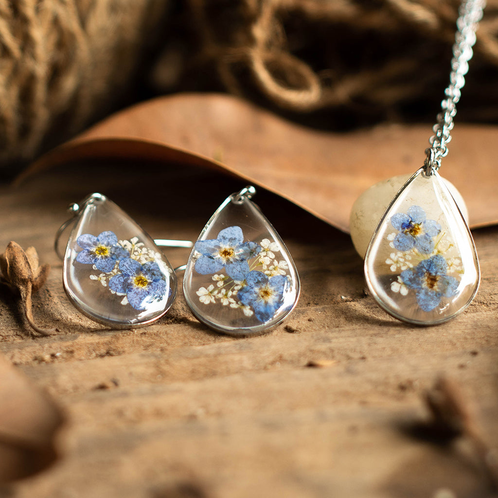 Forget Me Not Real Dried Flower Necklace Set / Earring - myBageecha