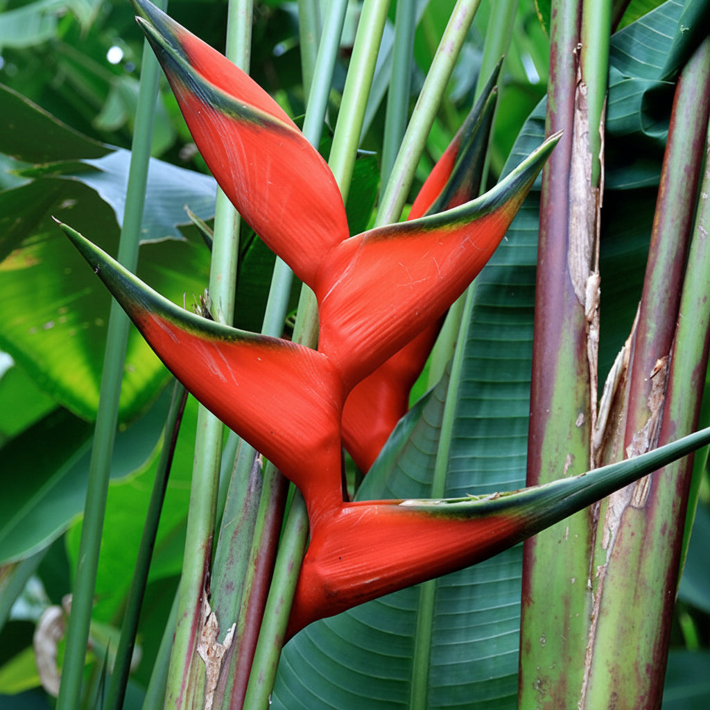 A close-up of a bright red Heliconia_bihai_Rhizomes flower with green-tipped bracts, surrounded by large green leaves and stems.