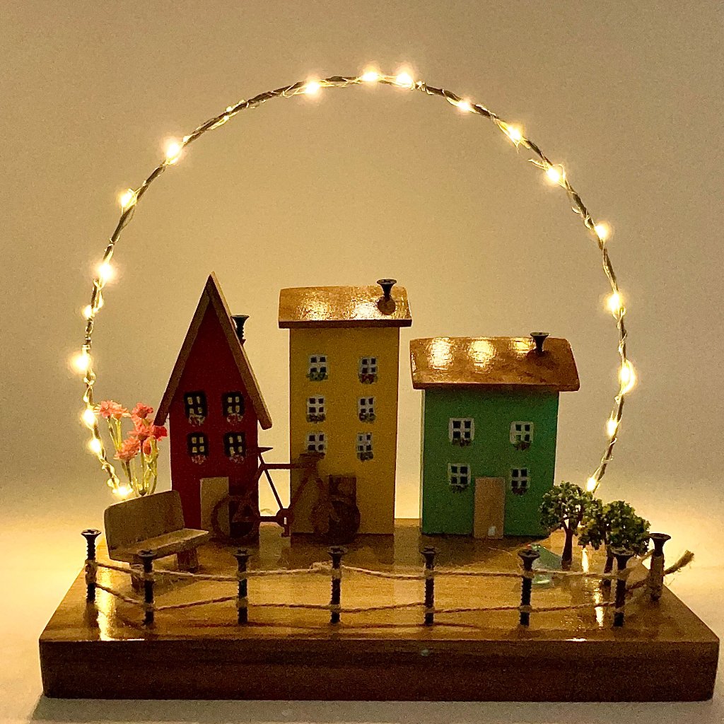 Wooden Houses With String Lights Decor