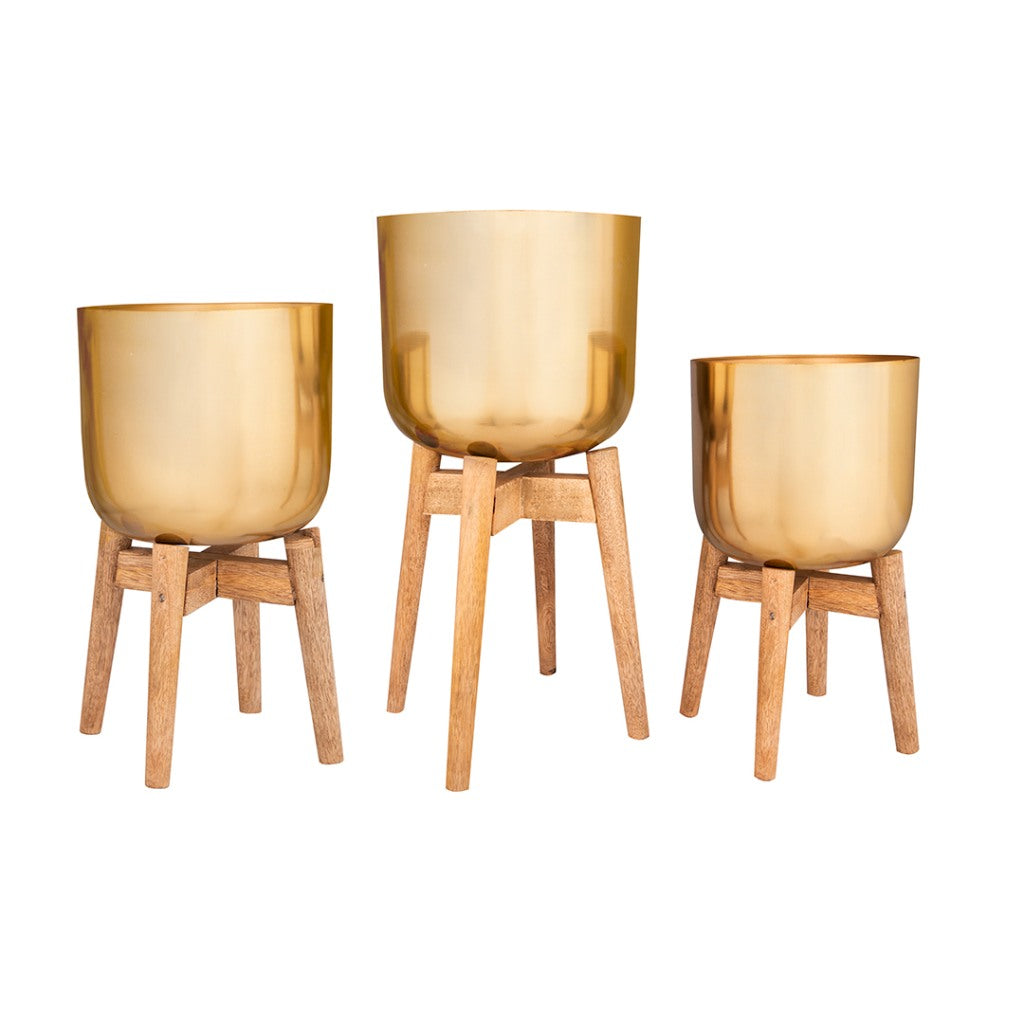 Set of Three Metal Pots with Wooden Stands - myBageecha