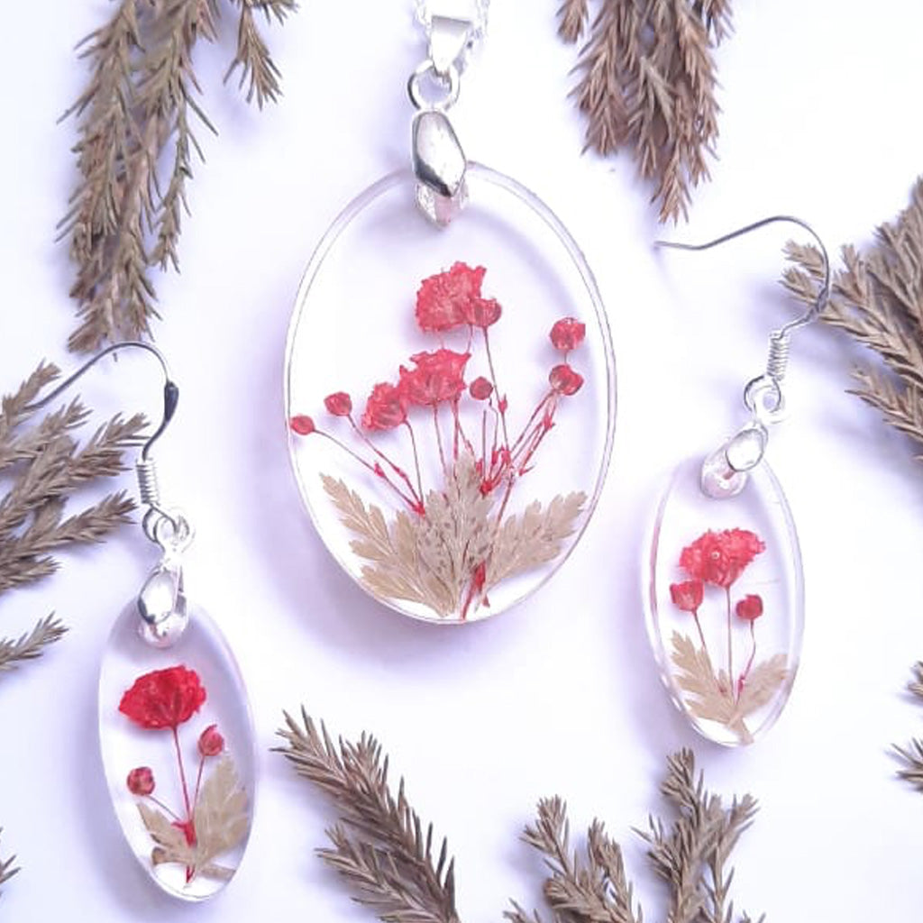 Paint It Red Real Dried Flower Necklace Earring Set - myBageecha