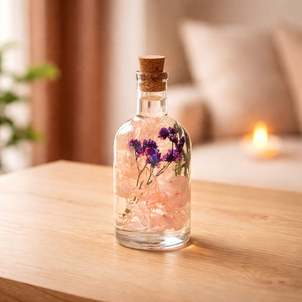 Close-up of Peachy Peep Preserved Flower Tabletop by myBageecha – peach and blush preserved blooms. Natural flowers in glass bottle.