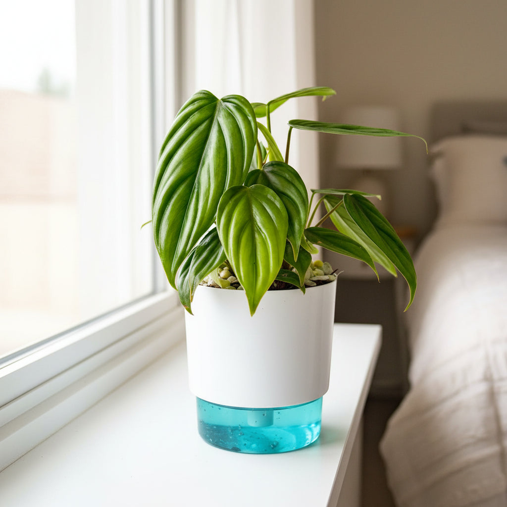 Philodendron Columbia Plant with Self Watering Pot placed near bedroom window-mybageecha