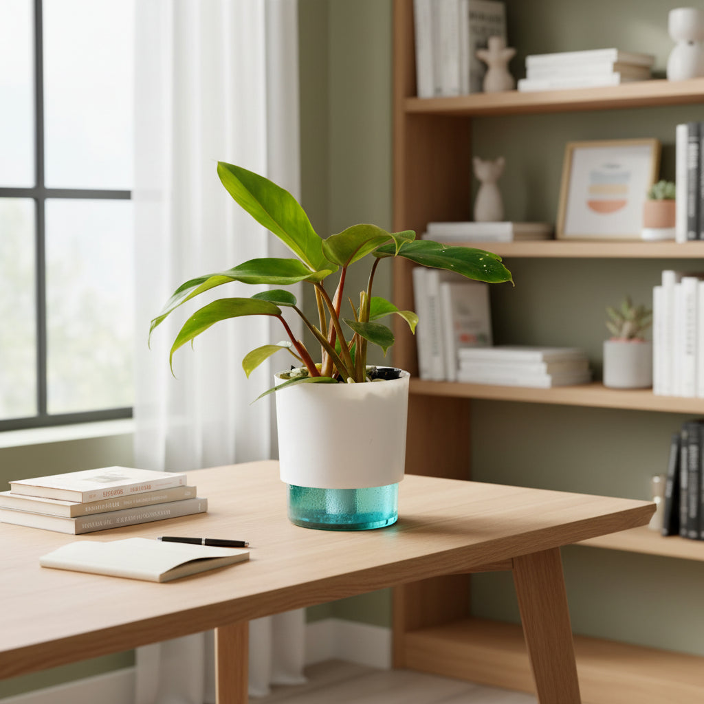 Philodendron Jungle Fever Plant with Self Watering Plant placed on table-myBageecha