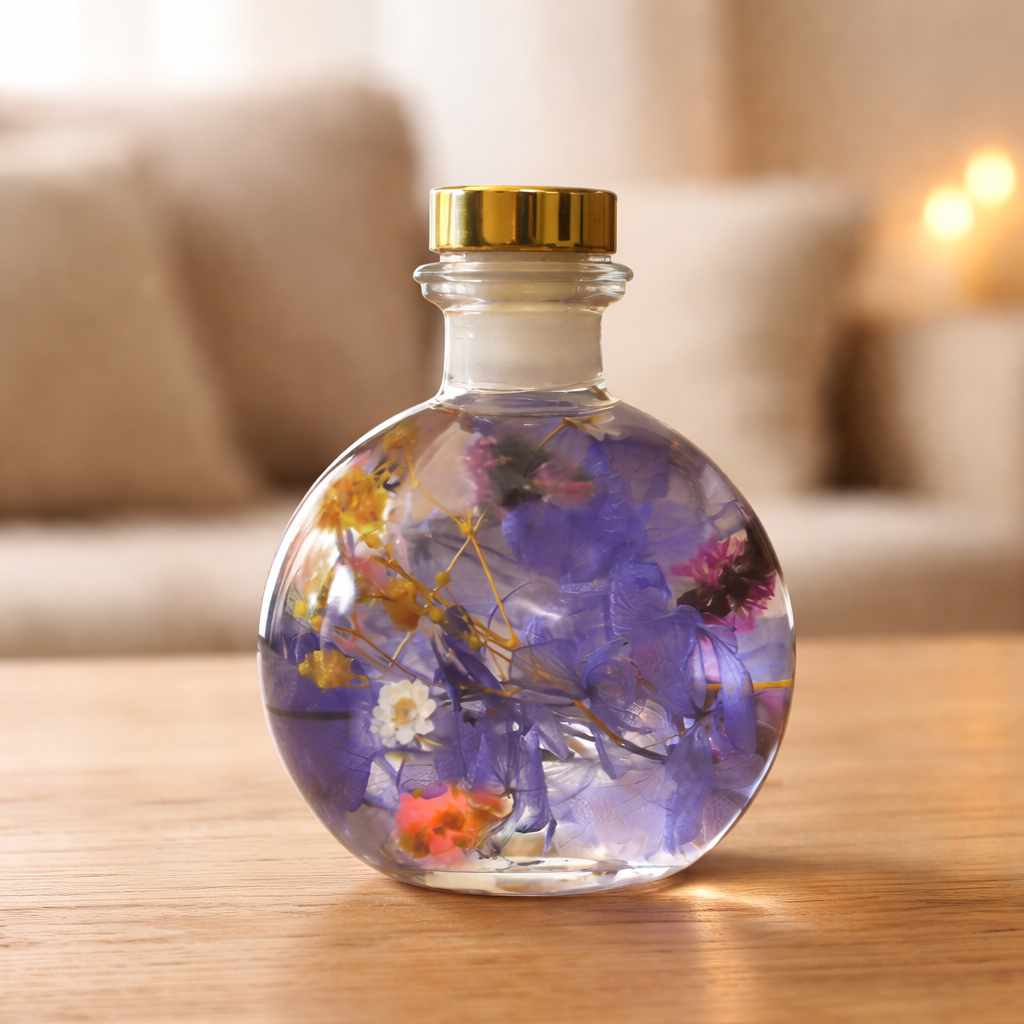 Plum Streak Tabletop - A glass bottle with a cork containing preserved plants with a mix of purple, pink, and yellow flowers, displayed on a wooden surface.