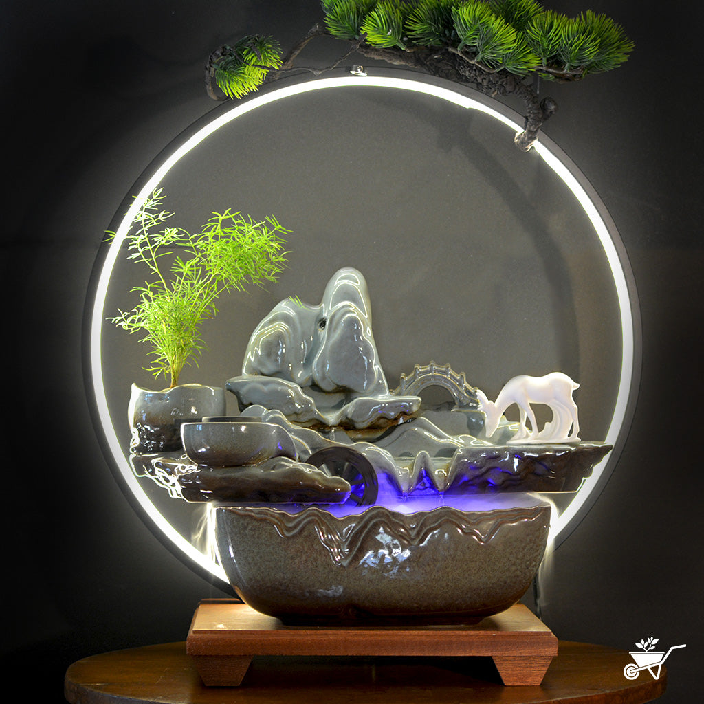 Sacred Grove Water Fountain LED Decor Zen Garden – front view showing rocks and water stream