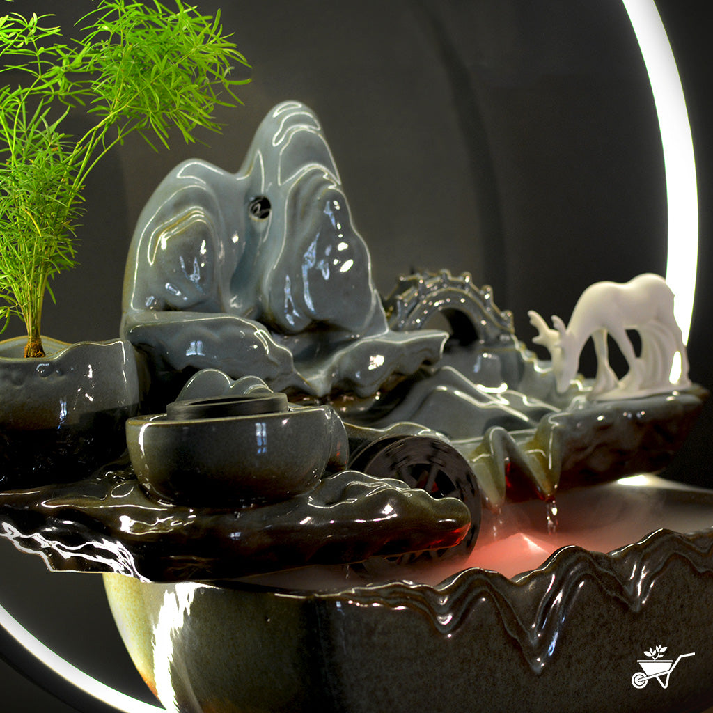 Sacred Grove Water Fountain LED Decor Zen Garden – angled shot showing LED reflections