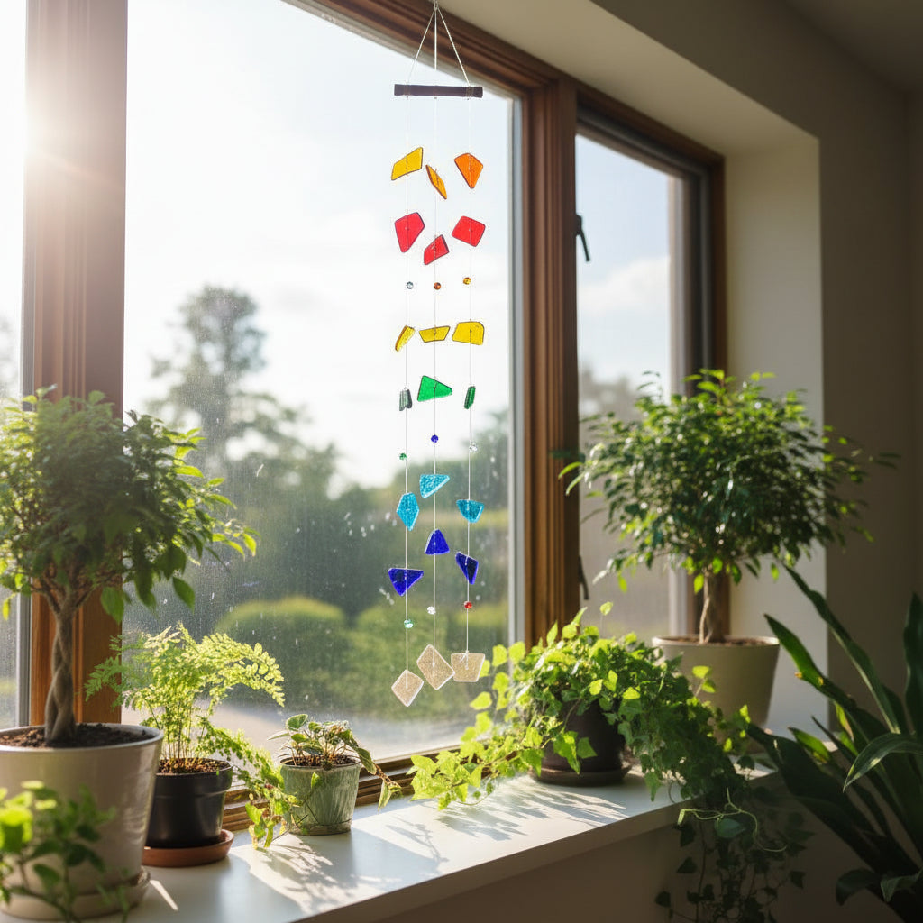 Satrangi Stained Glass Windchime hanging on window- myBageecha