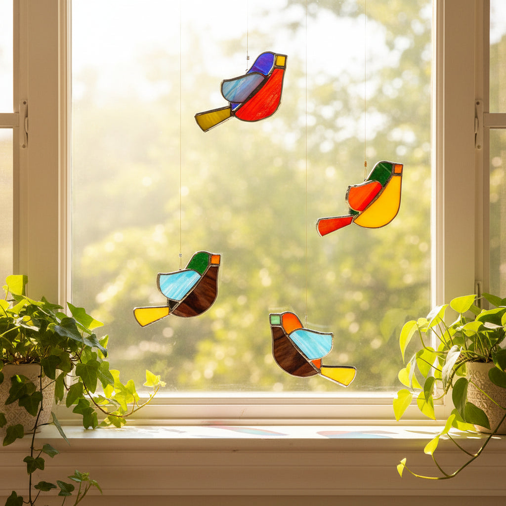 Set of Suncatcher 3D Birds hanging in front of window