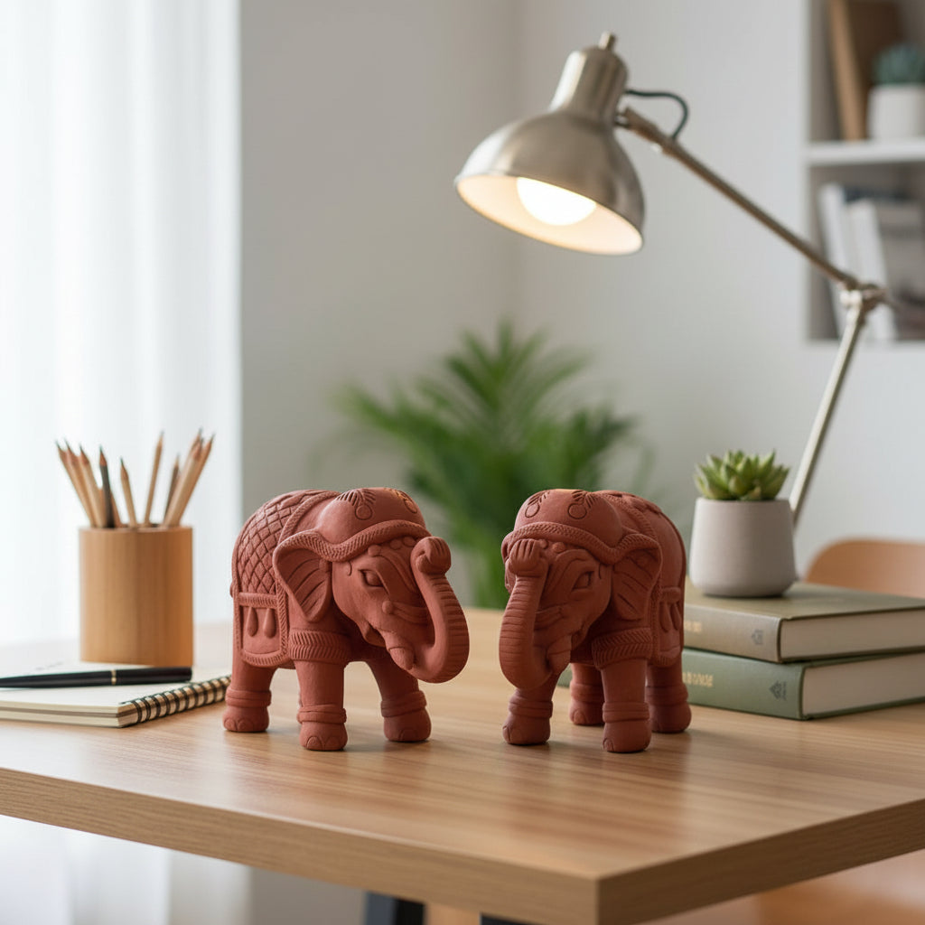 Set of 2 Mini Terracotta Elephant Decor on study desk-myBageecha