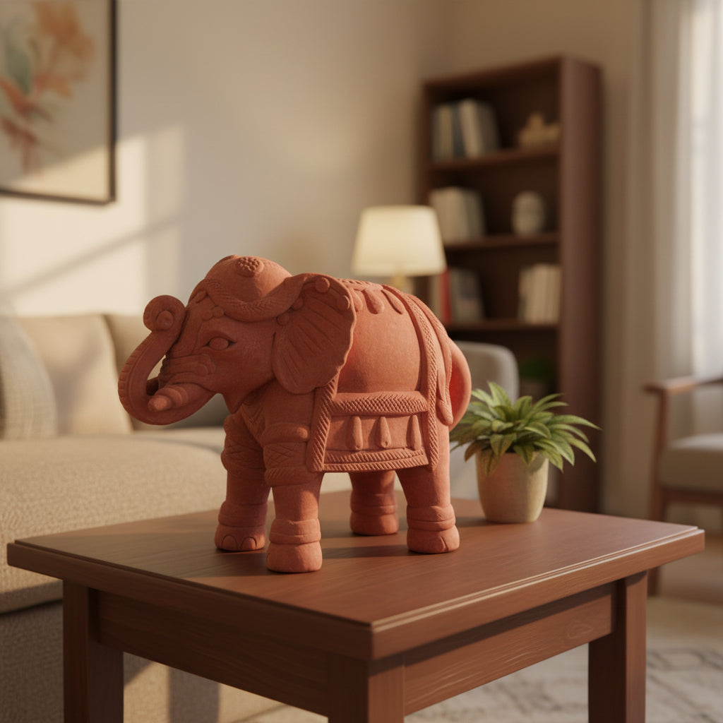 Small Terracotta Elephant Decor placed in living room-myBageecha