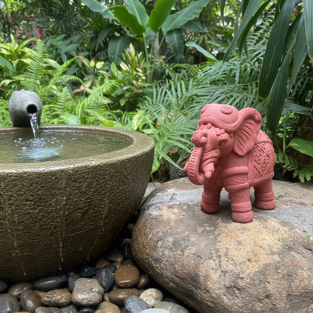 Small Terracotta Elephant decor near water fountain