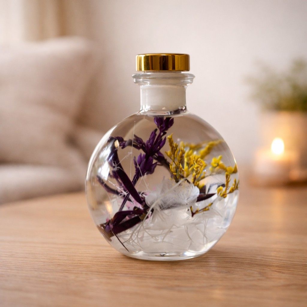 Close-up of Snowdrop Lavender Preserved Flower Tabletop by myBageecha – white and lavender preserved blooms in dome bottle décor.