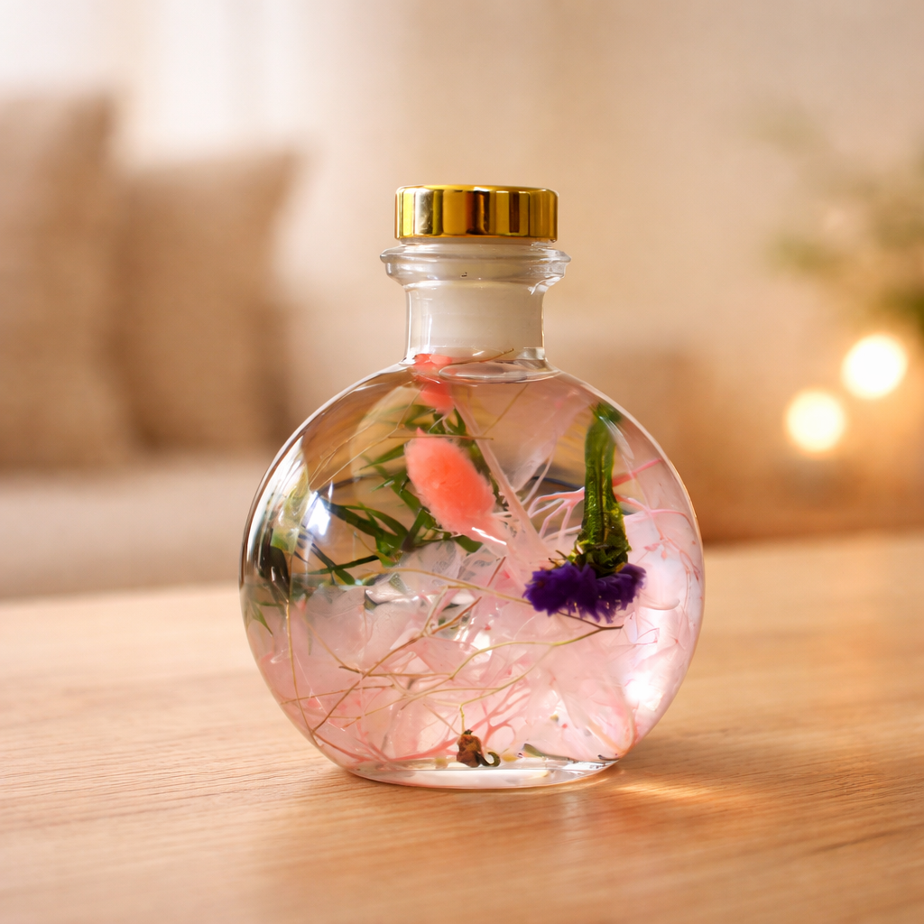 Close-up of Swirling Salmon Preserved Flower Tabletop by myBageecha – peach-toned preserved blooms in round bottle.
