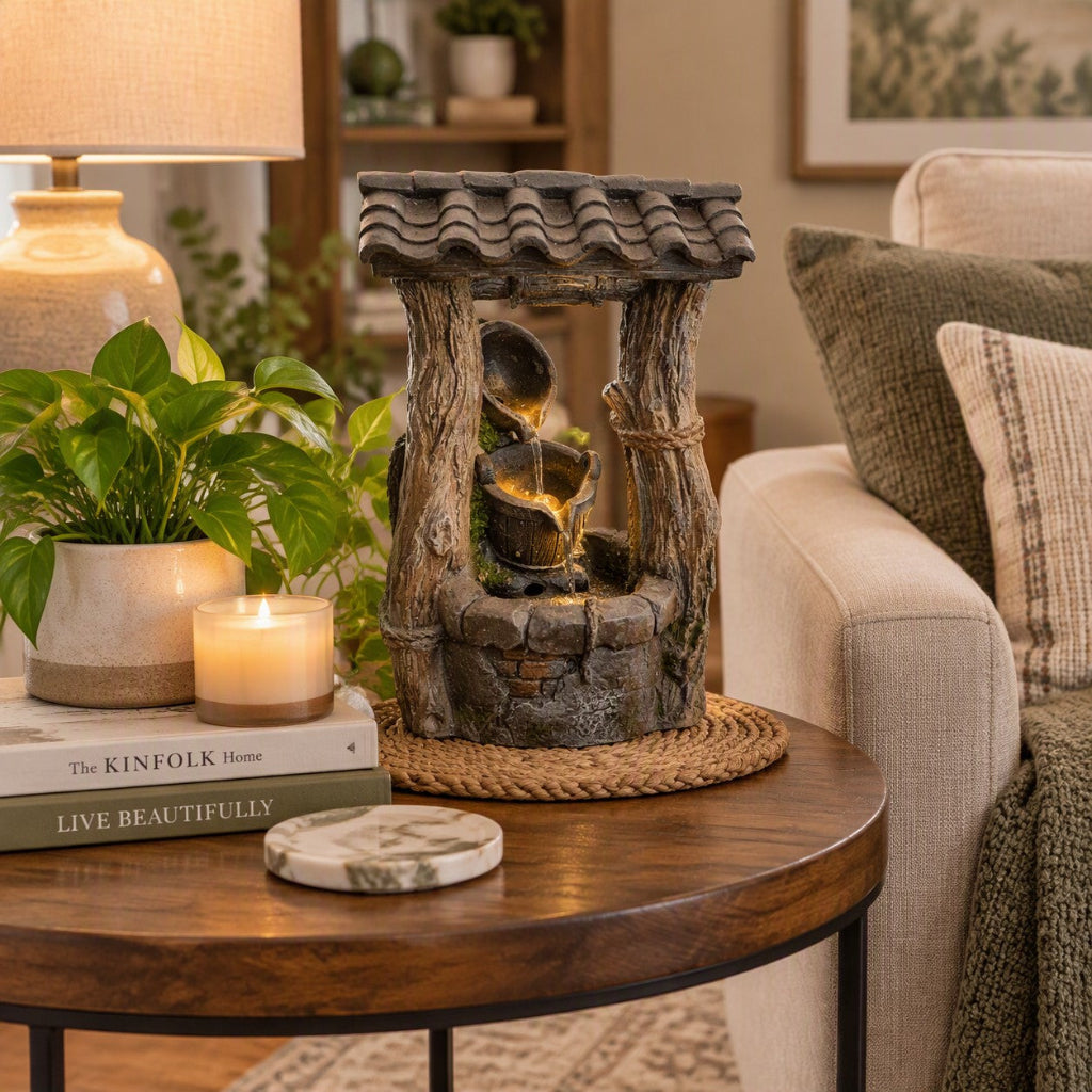 The Timeworn Well Water Fountain displayed in living room-myBageecha