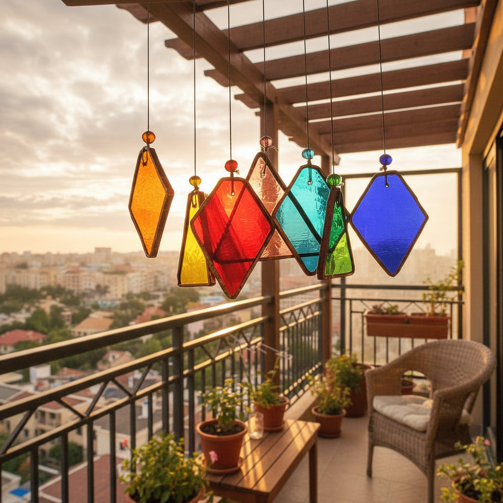 Triangle diamond Stained Glass windchime Set of 7 - myBageecha
